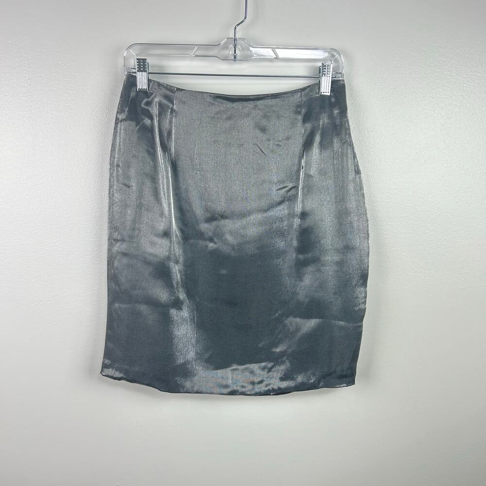 NEW Vintage 90s Cache Silver Metallic Shimmery Pencil Mini Skirt Size Medium
